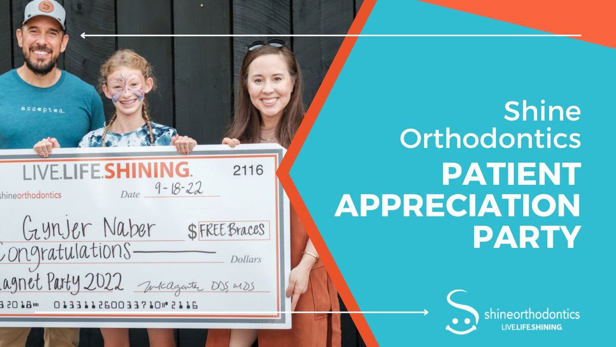 Family smiling holding a check for free braces with text "Shine Orthodontics Patient Appreciation Party" 